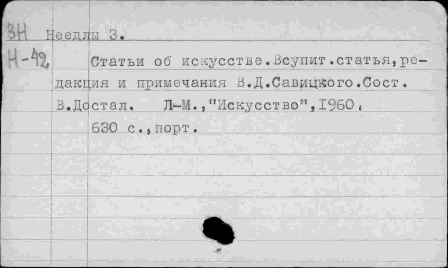 ﻿Ж.ь	:еед^ы 3.	
н-ч		Статьи об искусстве.Всупит.статья,ре-
	дакДия и примечания В.Д.Савицкого.Сост.	
	3.Достал. Л-М.,"Искусство”,1960<	
		630 с.,порт.